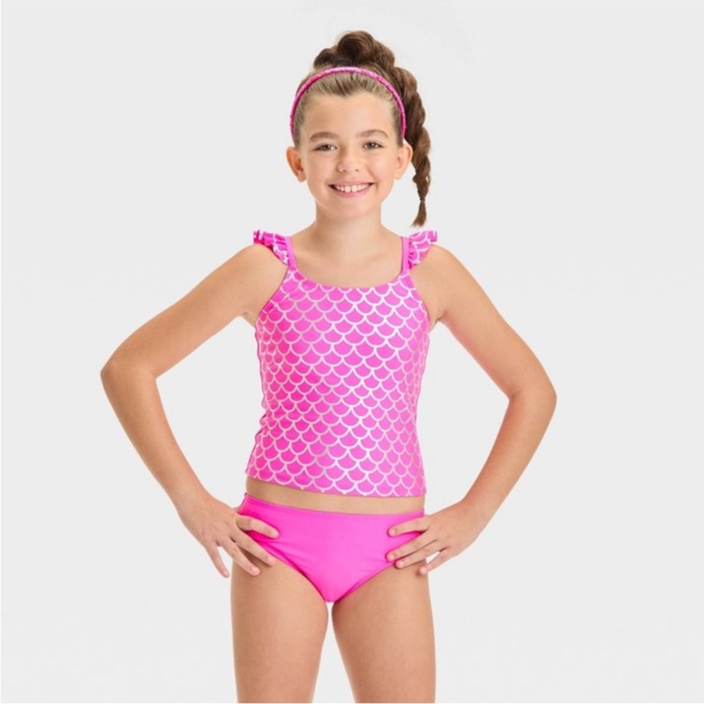 Cat & Jack girls mermaid scale swim 2 pc size XL / 14 pink NWT